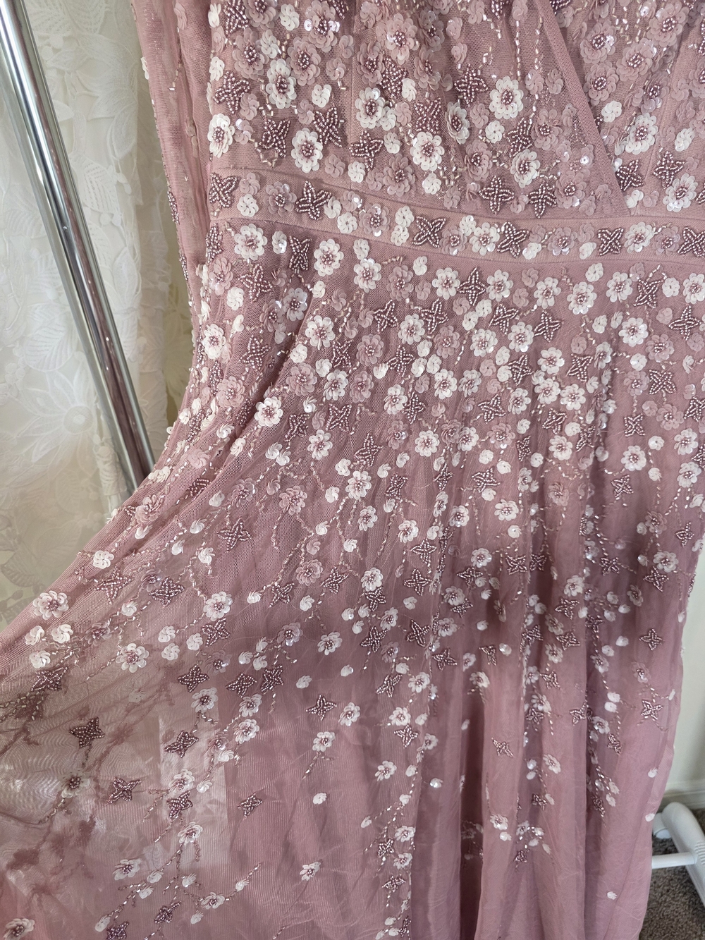Mac Duggal Mauve Long Sleeve V-Neck Embellished Evening Gown 3D Floral - Picture 6 of 15